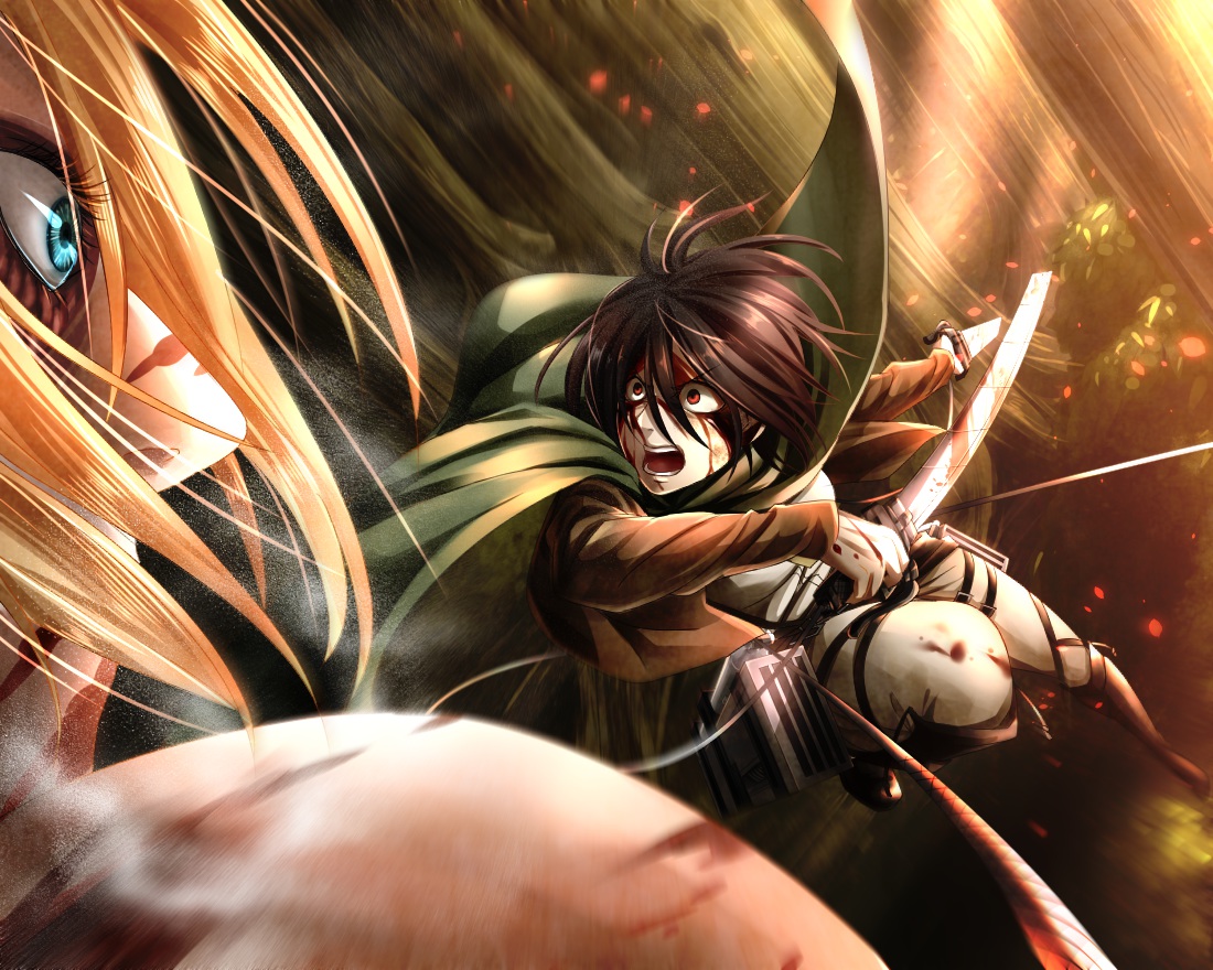 2girls, blonde_hair, blood, blue_eyes, boots, brown_hair, cape, female_titan