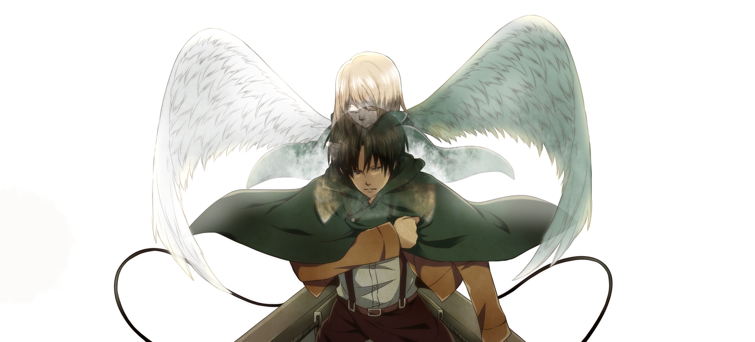 black_hair, blonde_hair, cape, gray_eyes, hug, levi_ackerman, niina_1oo9, petra_ral, shingeki_no_kyojin, short_hair, uniform, white, wings