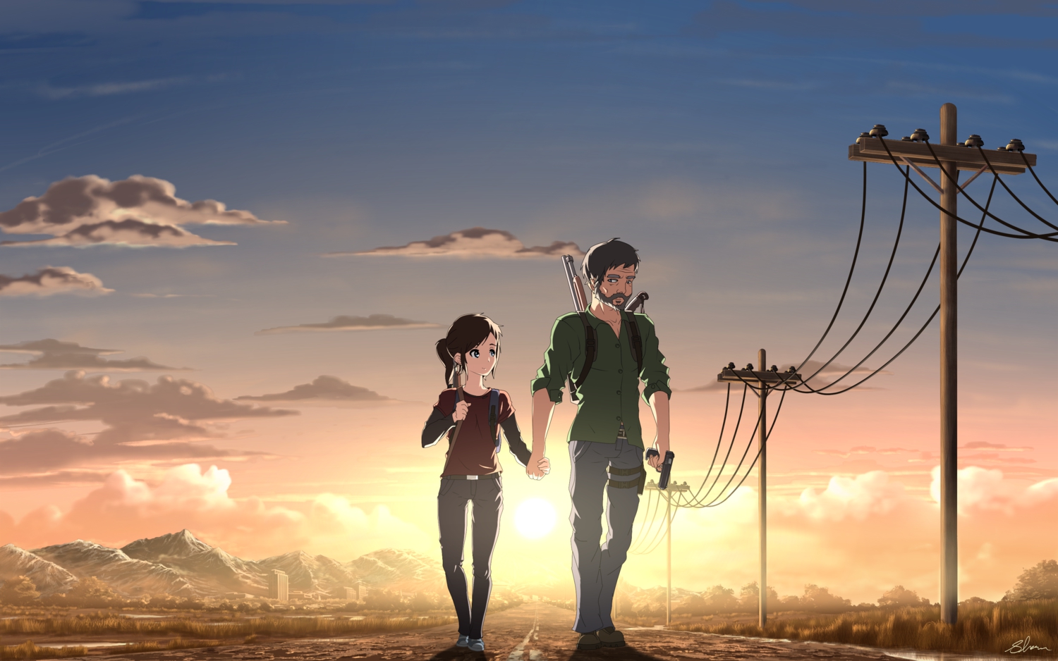 aliasing, brown_hair, clouds, grass, gray_eyes, gray_hair, gun, landscape, ponytail, scenic, shane_owen_(artist), short_hair, signed, sky, sunset, the_last_of_us, weapon