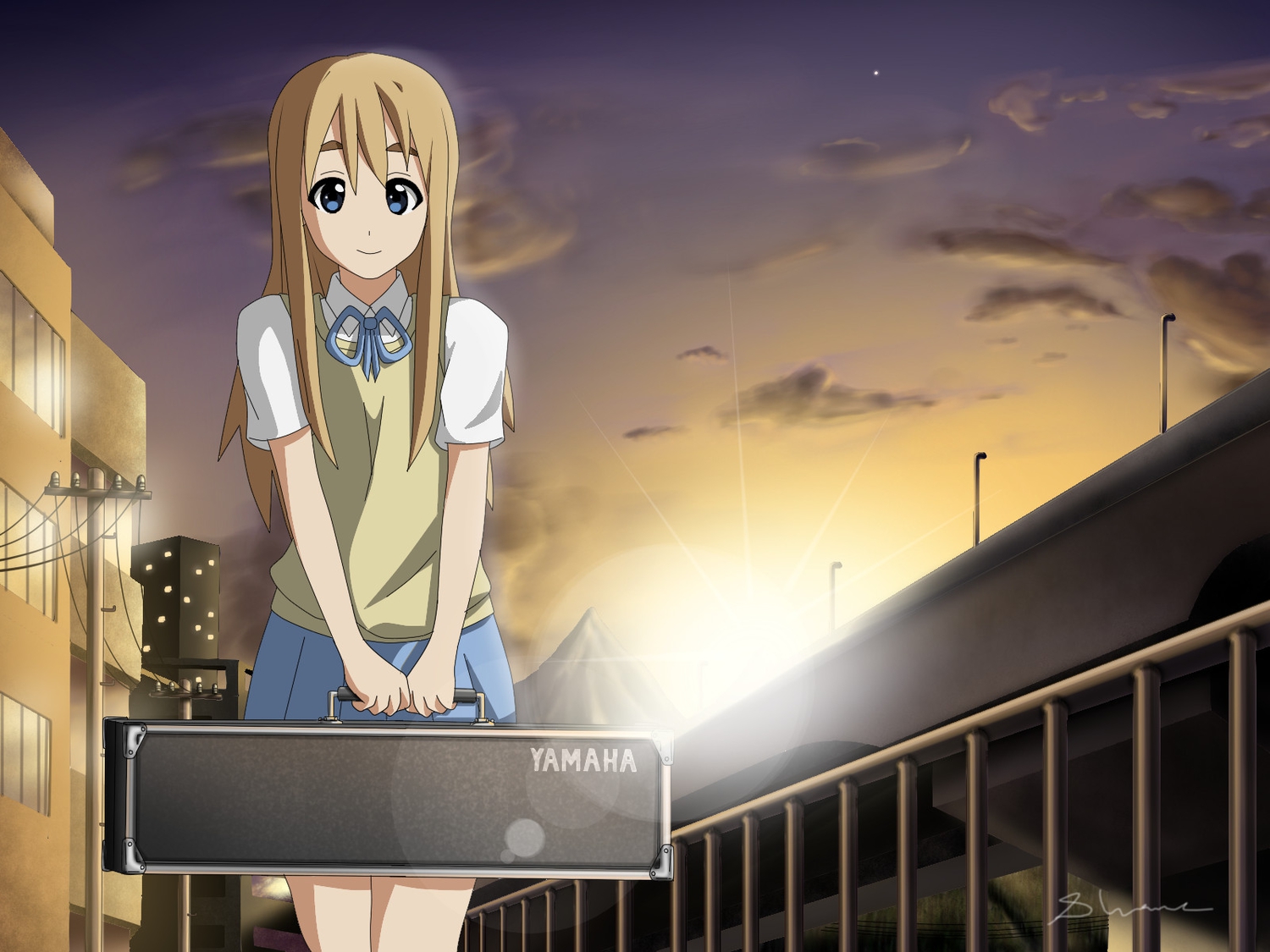 aliasing, blonde_hair, blue_eyes, clouds, k-on!, kotobuki_tsumugi, long_hair, school_uniform
