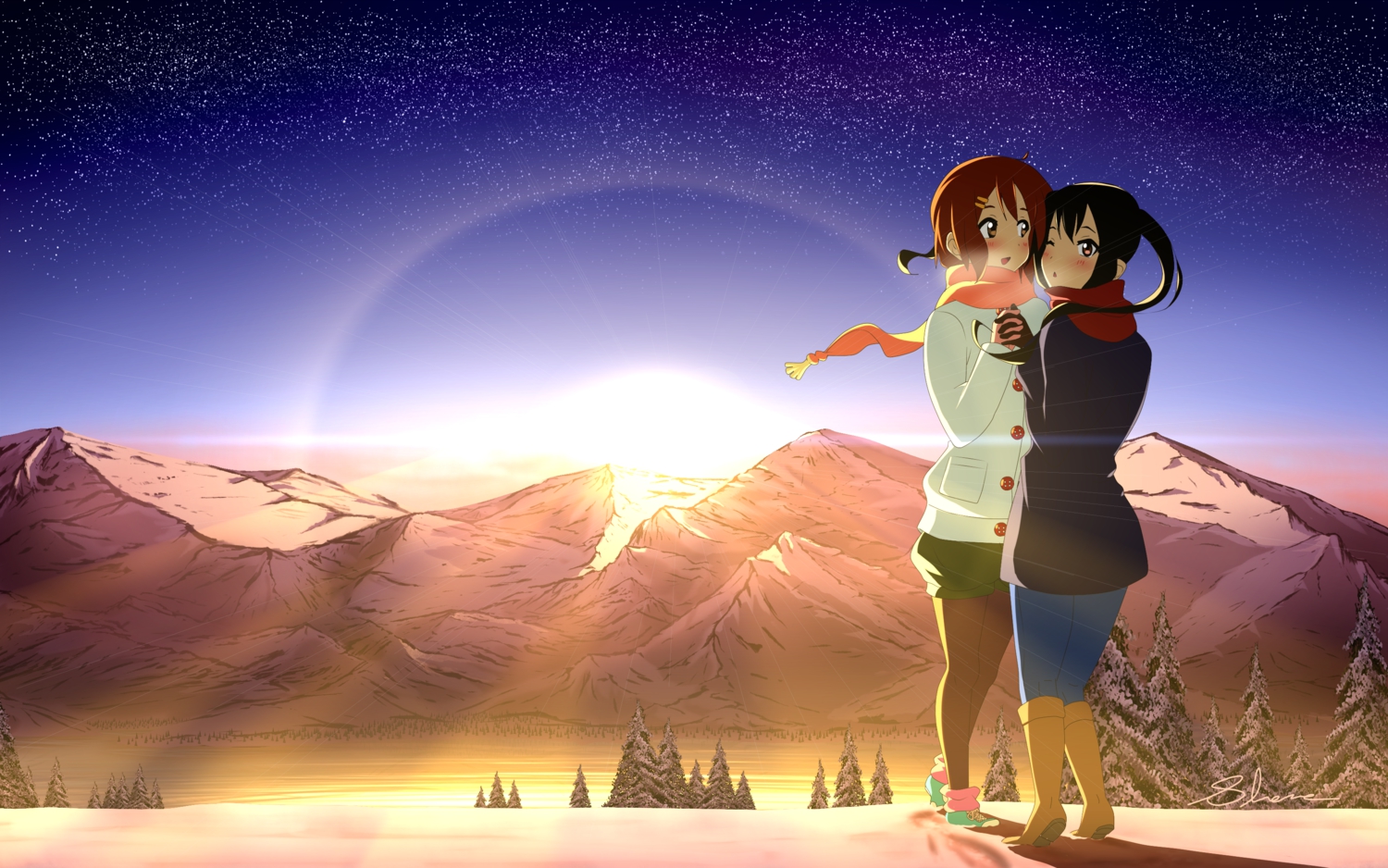 2girls, aliasing, black_hair, blush, boots, brown_eyes, brown_hair, hirasawa_yui