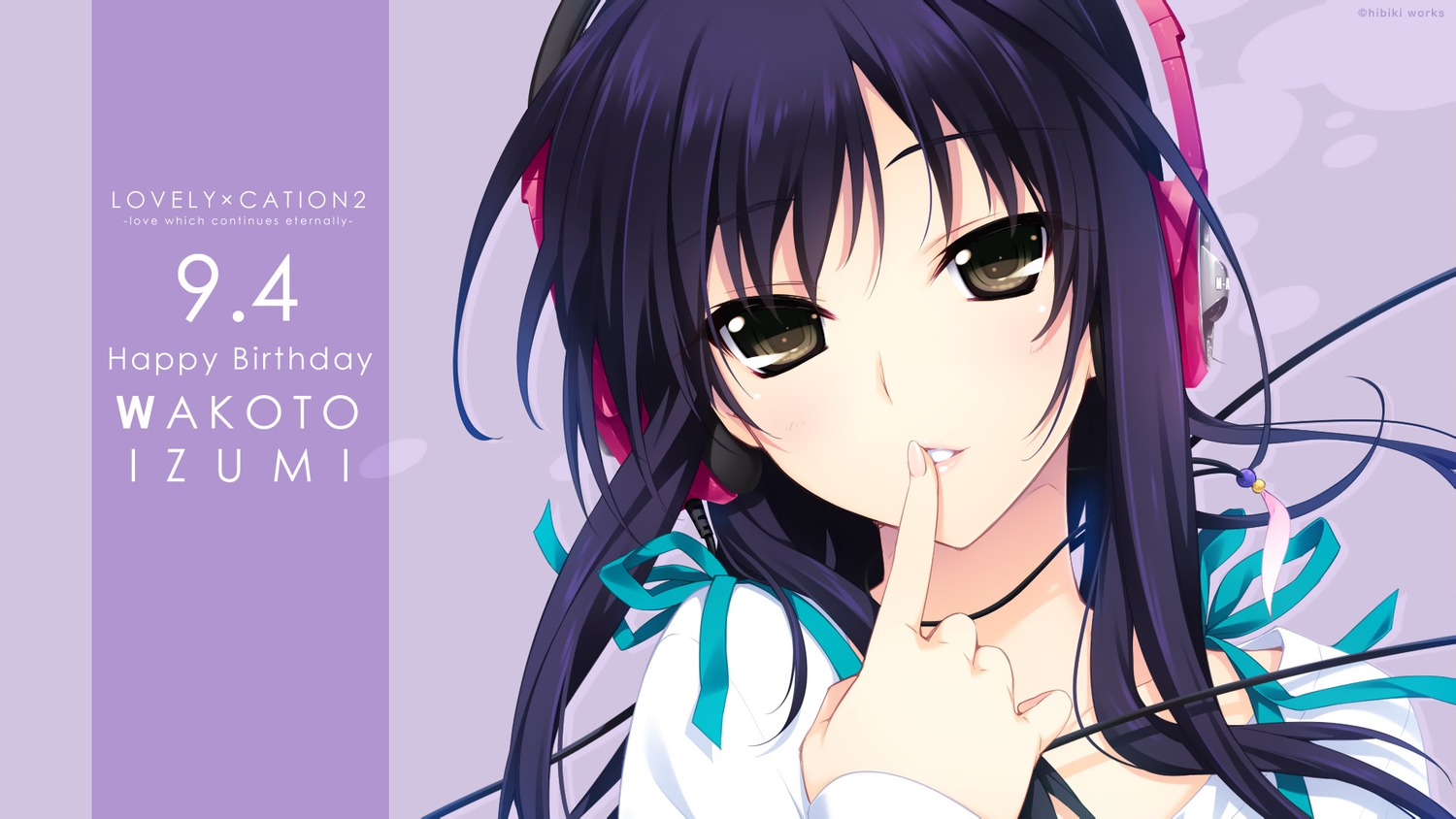 akatsuki-works, brown_eyes, headphones, iizuki_tasuku, izumi_wakoto, long_hair, lovely_x_cation_2, purple_hair, ribbons