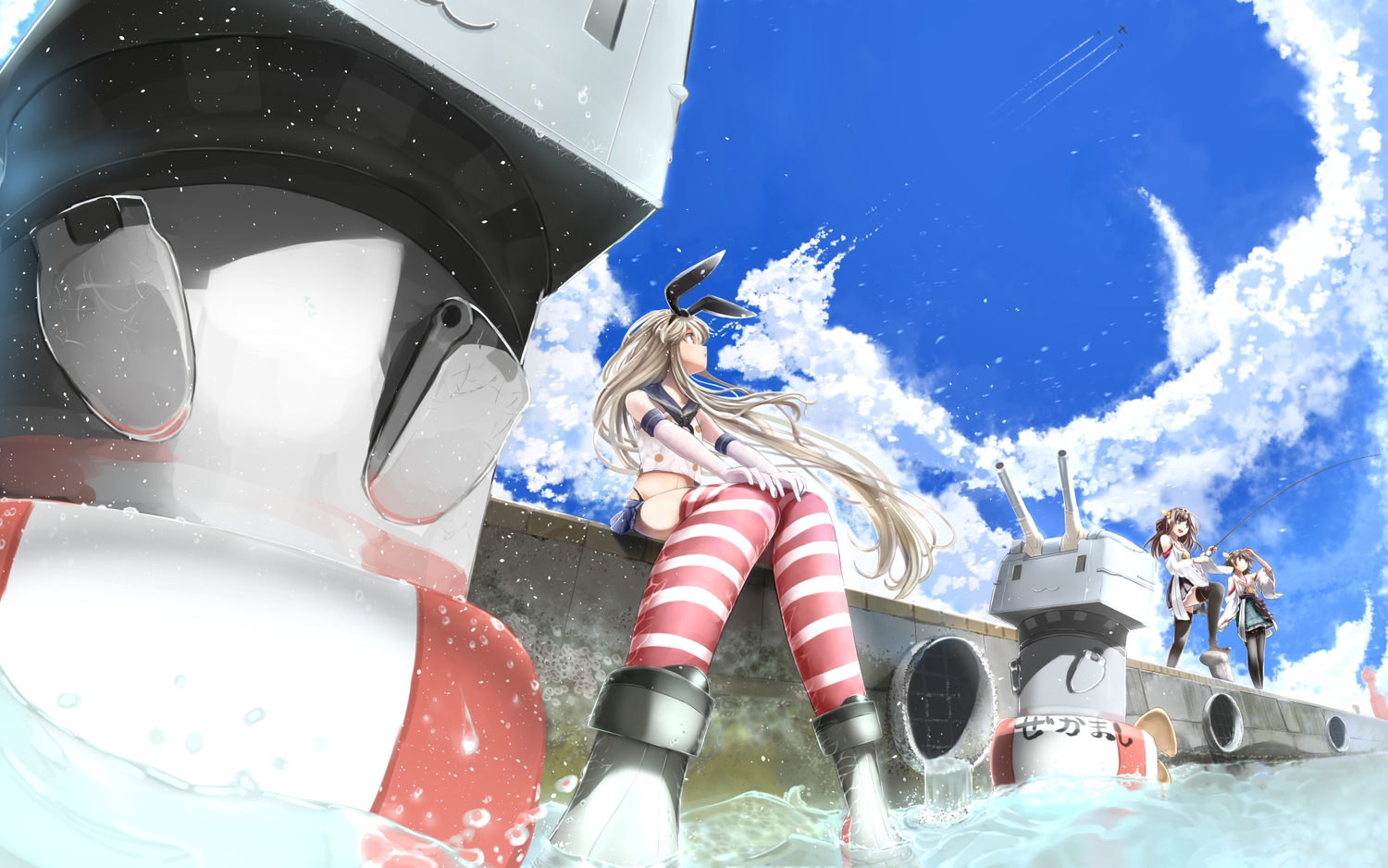 aircraft, anthropomorphism, black_eyes, blonde_hair, boots, brown_hair, clouds, elbow_gloves, gloves, headband, hiei_(kancolle), japanese_clothes, kantai_collection, kongou_(kancolle), long_hair, miko, pen_(pixiv257621), rensouhou-chan, shimakaze_(kancolle), short_hair, skirt, sky, thighhighs, water