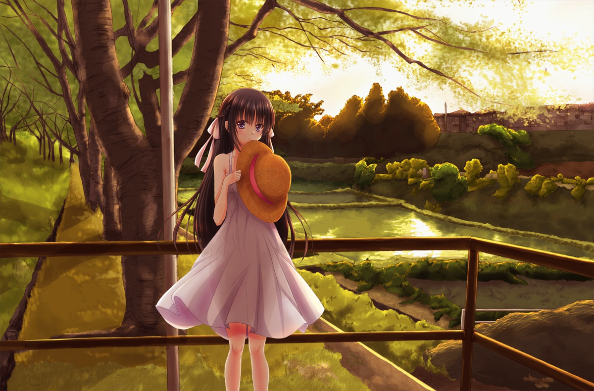 black_hair, blush, dress, hat, long_hair, original, purple_eyes, ribbons, sotogawa_max, summer_dress, tree