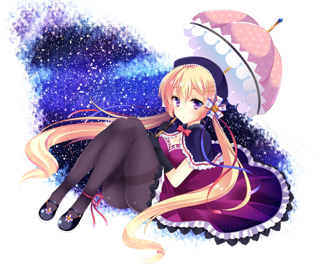 agekichi, blonde_hair, bow, breasts, cleavage, dress, gloves, long_hair, original, pantyhose, purple_eyes, twintails, umbrella