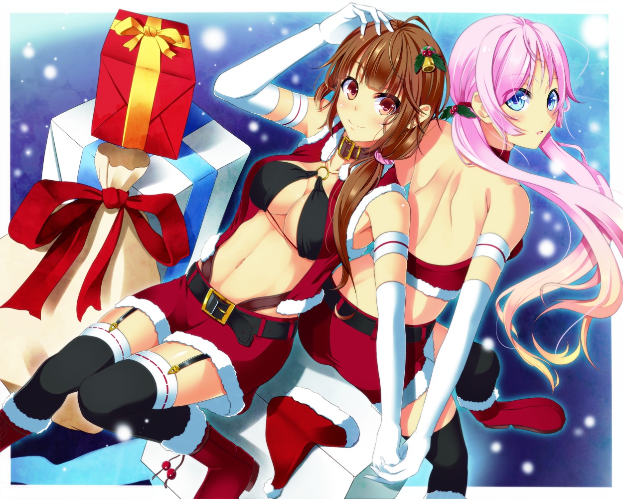 2girls, blue_eyes, blush, boots, bow, breasts, brown_eyes, brown_hair, christmas, cleavage, collar, elbow_gloves, gloves, hat, kazeoto_kirito, long_hair, navel, original, pink_hair, santa_costume, santa_hat, stockings, thighhighs, twintails