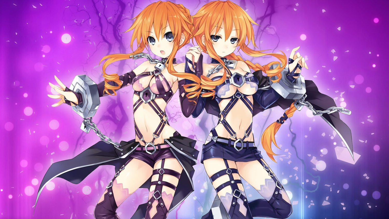 2girls, blue_eyes, braids, breasts, cape, chain, cleavage, collar