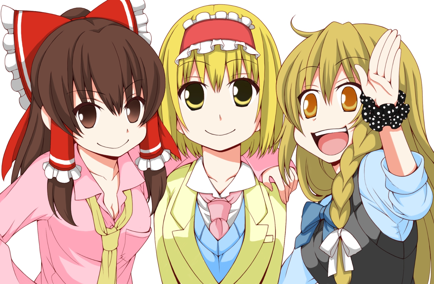 alice_margatroid, blonde_hair, blush, braids, breasts, brown_eyes, brown_hair, cleavage, eichi_yuu, hakurei_reimu, kirisame_marisa, long_hair, short_hair, touhou, white, yellow_eyes