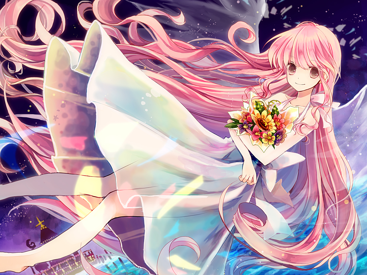 barefoot, dress, flowers, long_hair, night, original, pink_eyes, pink_hair