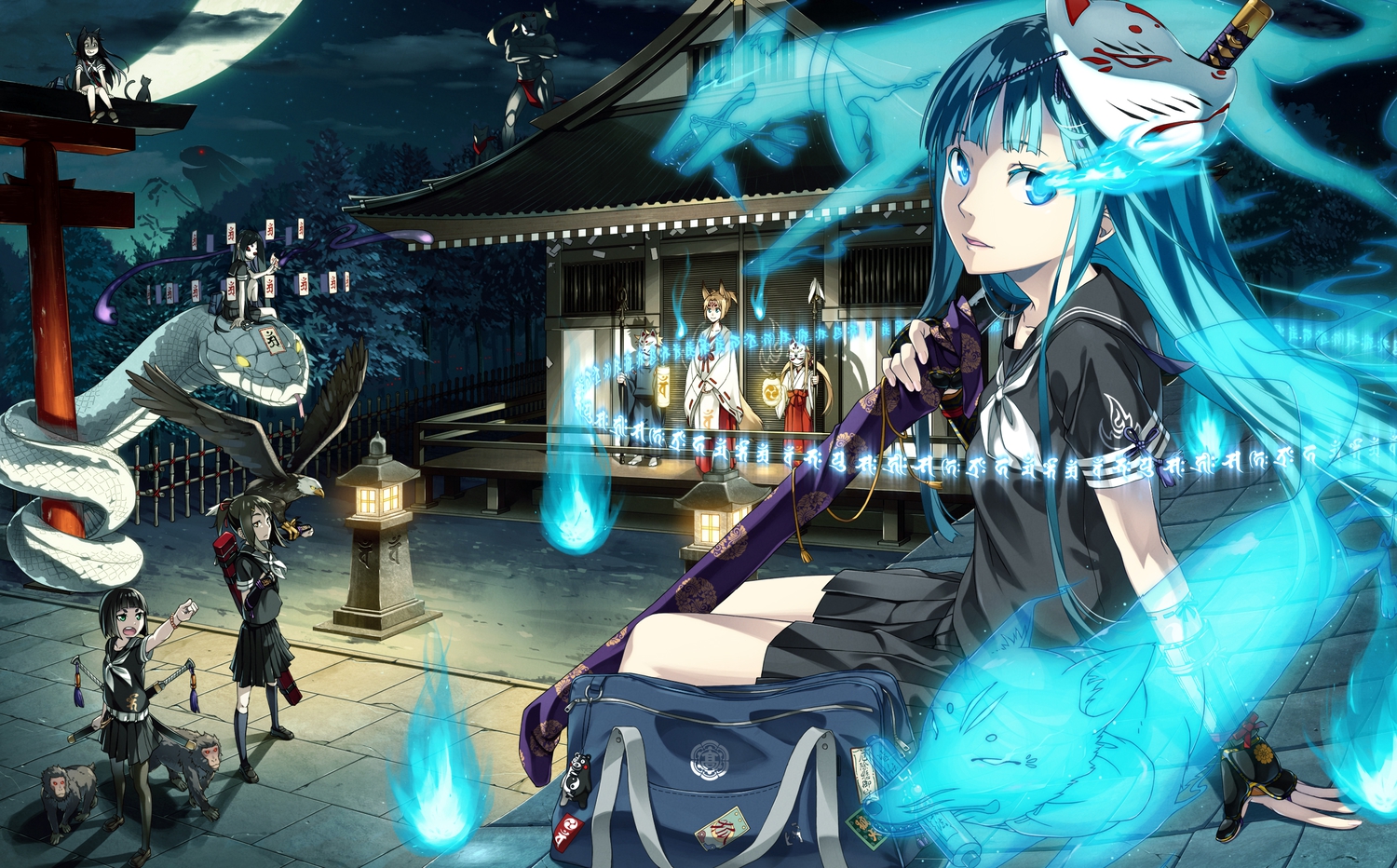 animal, animal_ears, aqua_eyes, bird, black_hair, blonde_hair, blue_eyes, blue_hair