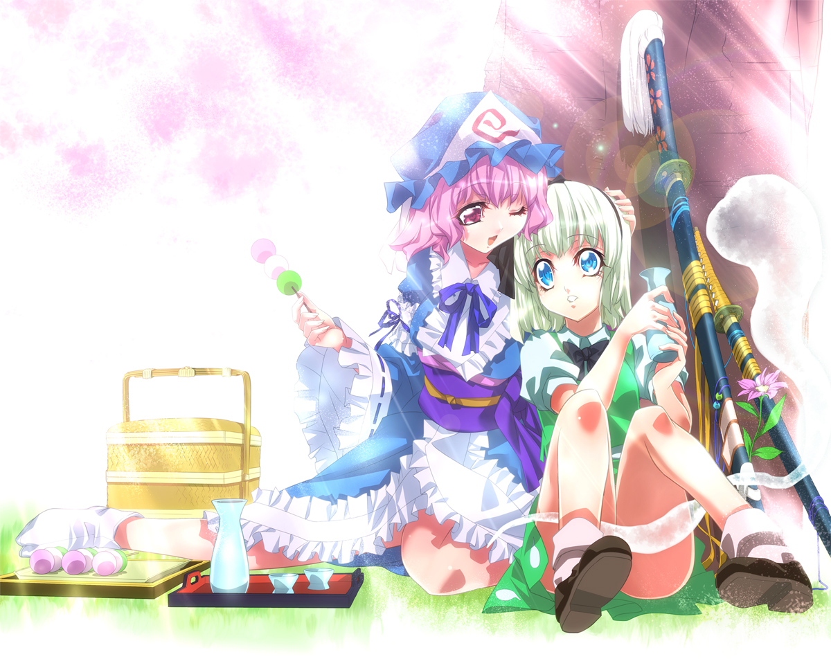 2girls, drink, flowers, food, gray_hair, hat, ichikawa_ryuunosuke, katana
