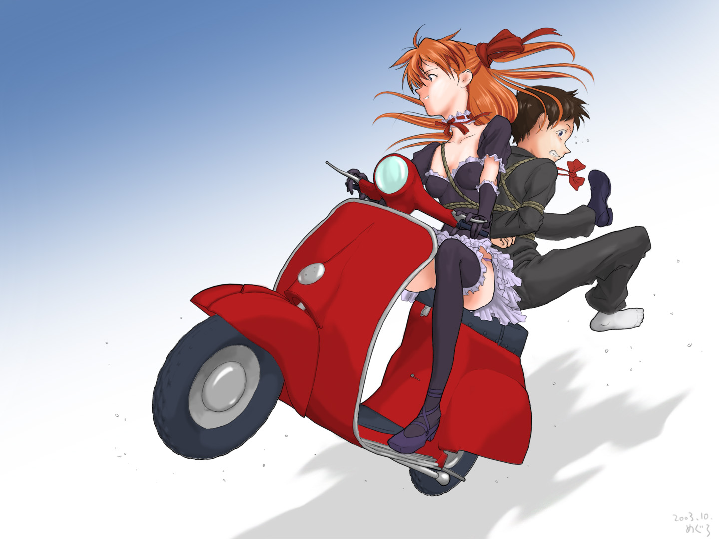 blue_eyes, bondage, bow, brown_hair, choker, gloves, goth-loli, ikari_shinji, lolita_fashion, long_hair, male, meguro_fukuzou, motorcycle, neon_genesis_evangelion, orange_hair, rope, short_hair, socks, soryu_asuka_langley, thighhighs