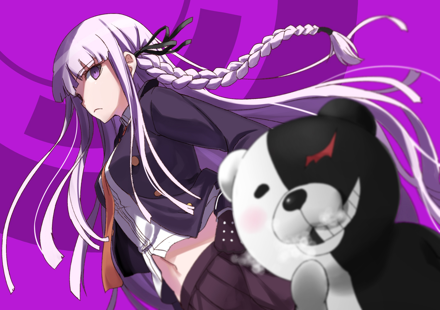 braids, dangan-ronpa, kirigiri_kyouko, long_hair, monokuma, navel, purple_eyes, purple_hair, skirt, tie, tokumaro