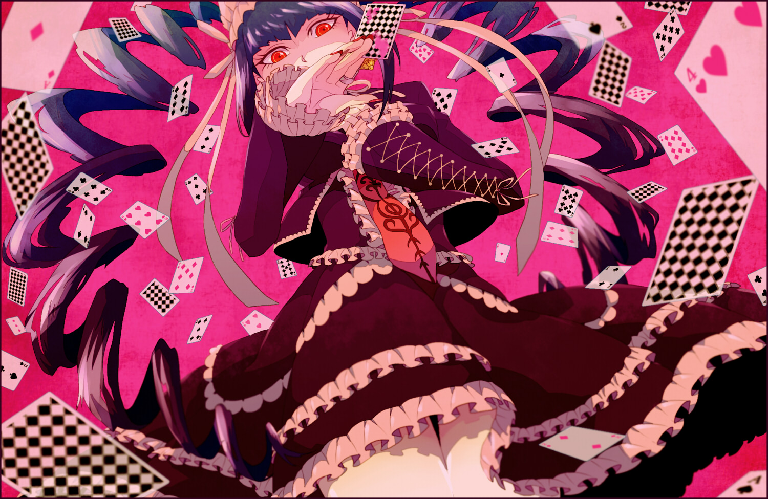 black_hair, celestia_rudenberk, dangan-ronpa, dress, lolita_fashion, long_hair, red_eyes, saburou_(carocu), tie, twintails