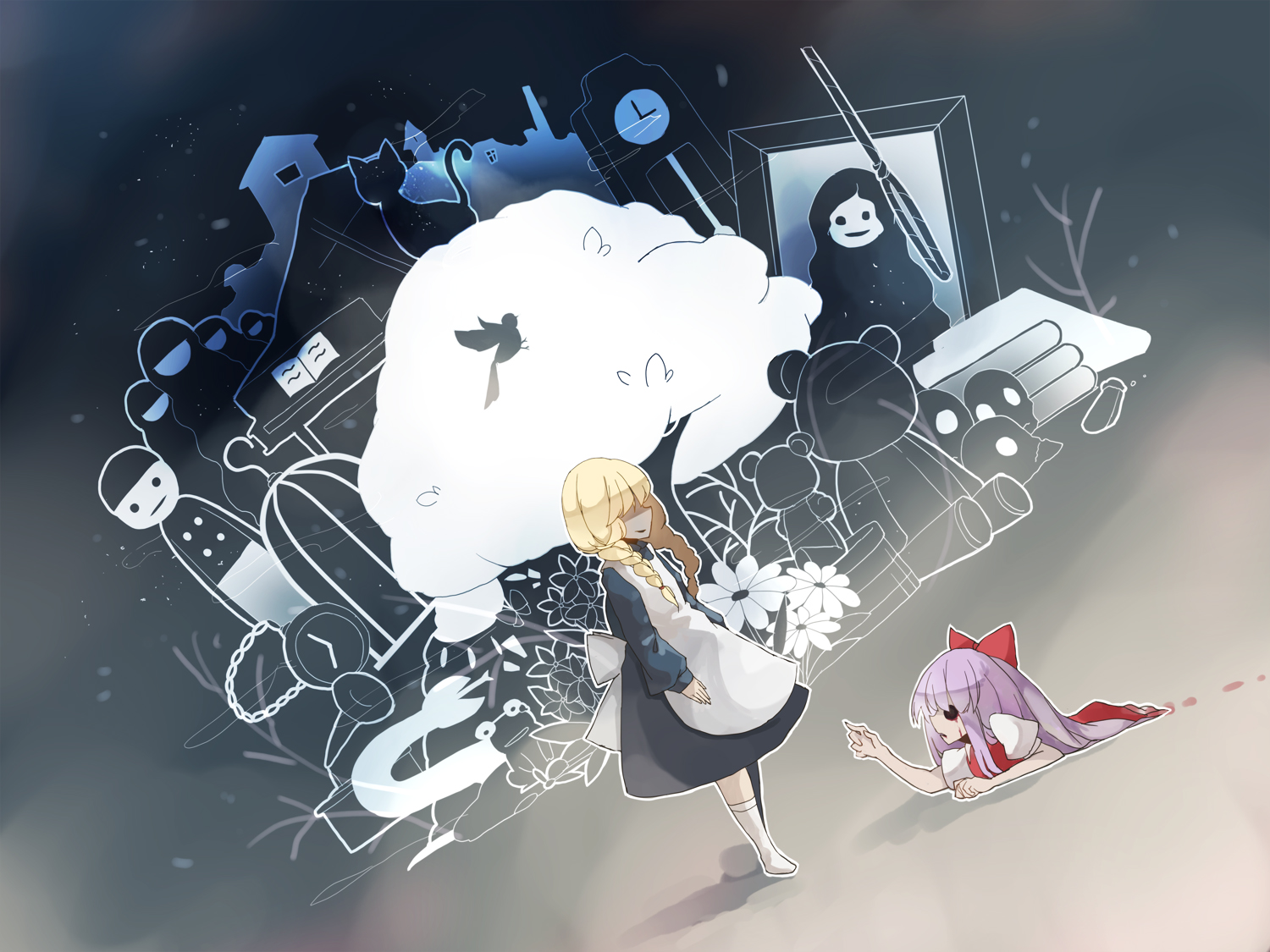 2girls, blonde_hair, blood, braids, ellen_(majo_no_ie), majo_no_ie, mewkoala, purple_hair