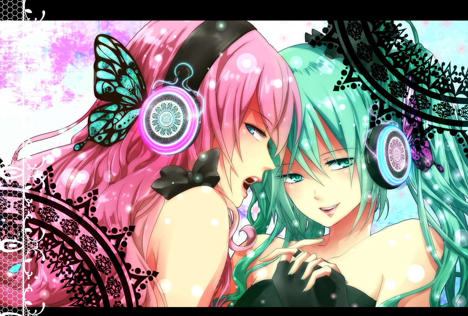 blue_eyes, butterfly, gloves, green_eyes, green_hair, hatsune_miku, headphones, long_hair
