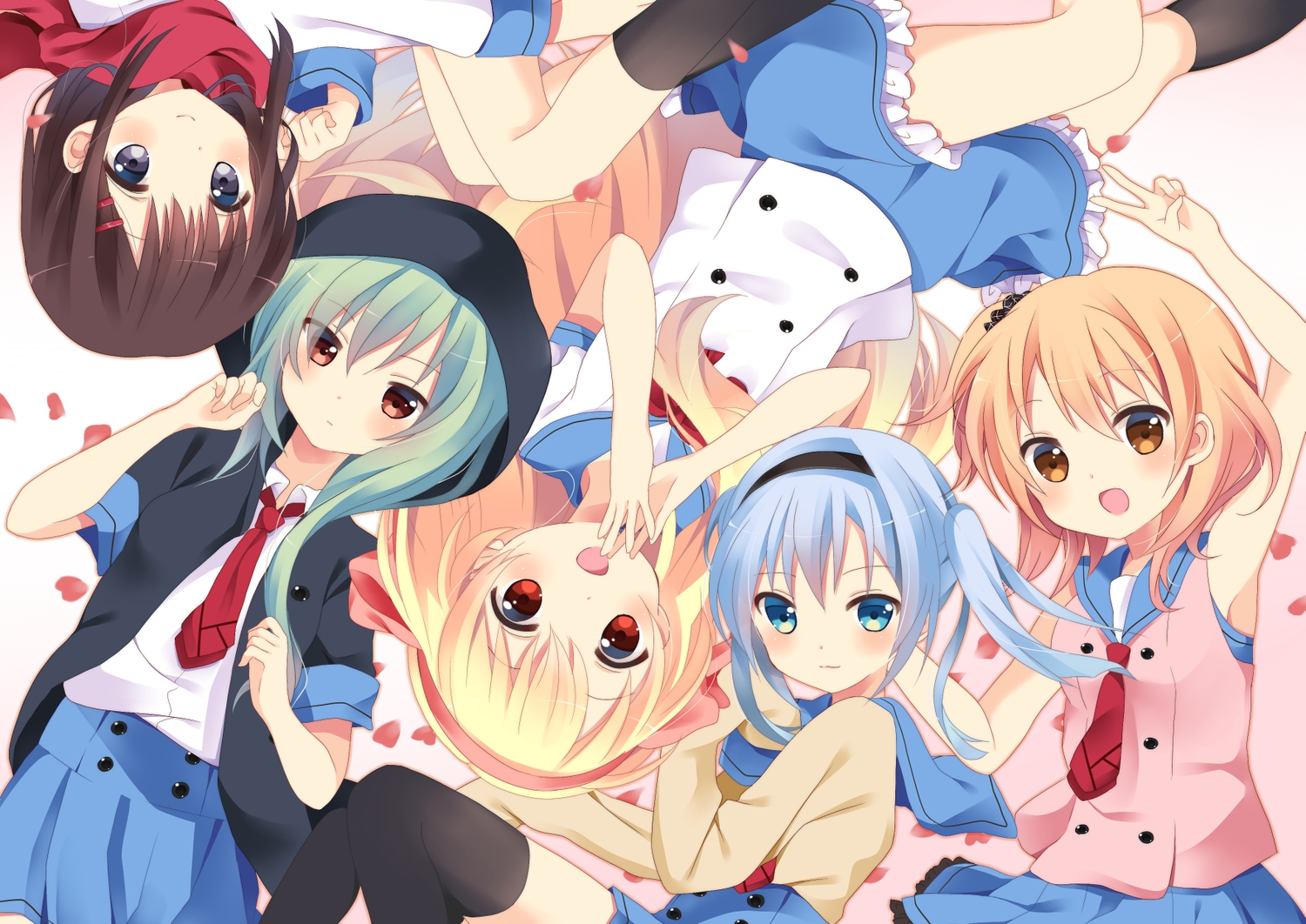 black_eyes, black_hair, blonde_hair, blue_eyes, blue_hair, blush, brown_eyes, ene_(kagerou_project), green_hair, headband, kagerou_project, kido_tsubomi, kisaragi_momo, kozakura_mary, kumakichi_(toshigat), long_hair, petals, red_eyes, school_uniform, short_hair, skirt, tateyama_ayano, thighhighs, tie, twintails