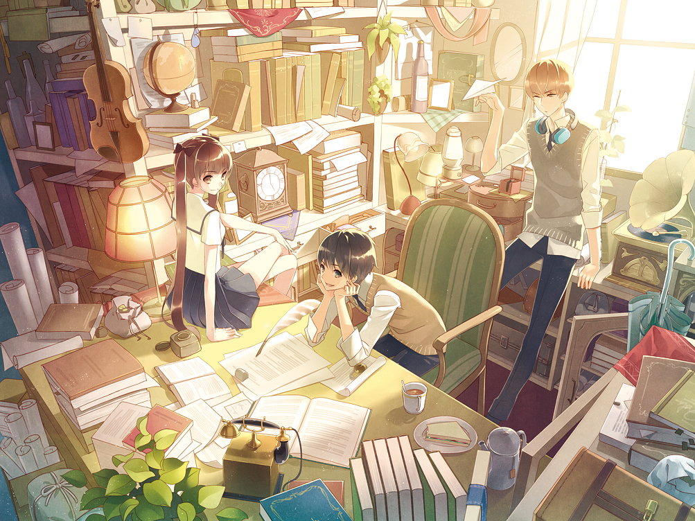 black_hair, book, brown_hair, den_(itokiitoki5022), drink, food, headphones, instrument, long_hair, male, mirror, original, paper, phone, school_uniform, short_hair, skirt, tie, twintails, umbrella, violin