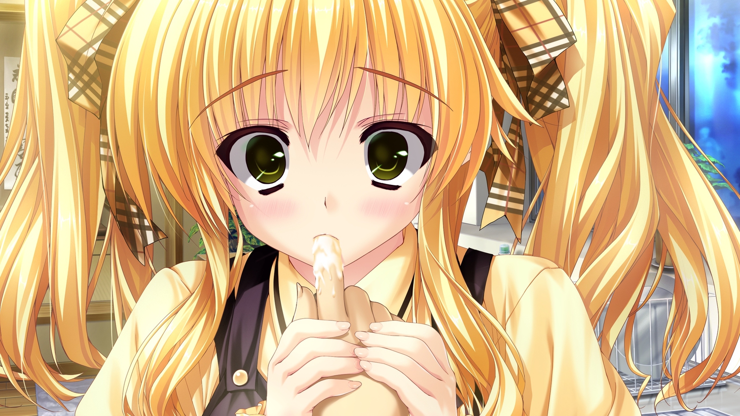 blonde_hair, blush, clochette, close, game_cg, green_eyes, prism_recollection, ribbons
