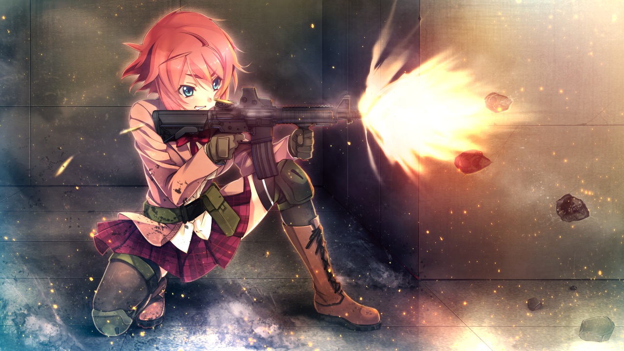 blue_eyes, blush, boots, cinematograph, game_cg, gloves, gun, innocent_bullet, kanzaki_sayaka, oosaki_shinya, orange_hair, school_uniform, short_hair, skirt, thighhighs, weapon