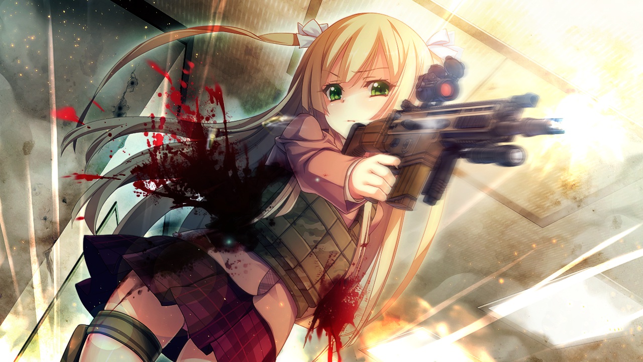 blonde_hair, blood, cinematograph, game_cg, green_eyes, gun, innocent_bullet, long_hair, oosaki_shinya, school_uniform, skirt, weapon, yasouji_ai