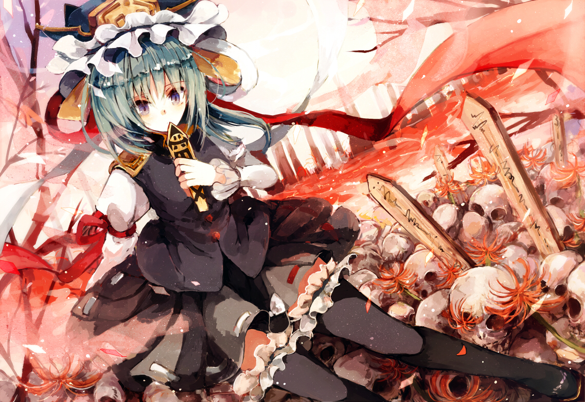 flowers, green_hair, hat, kinona, purple_eyes, shiki_eiki, short_hair, skirt