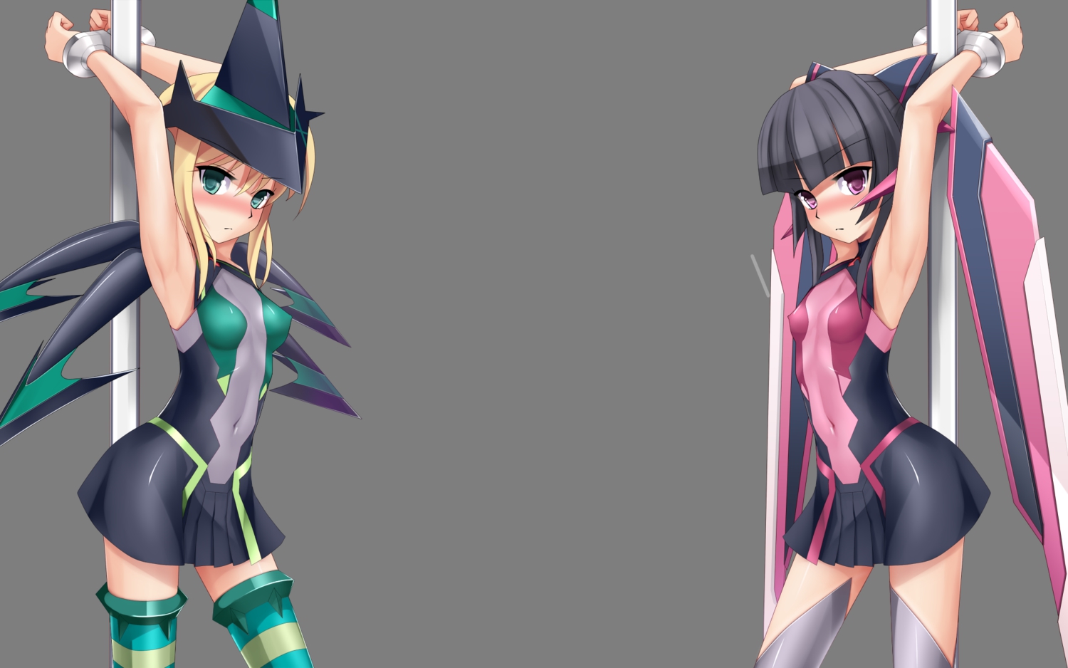 2girls, akatsuki_kirika, black_hair, blonde_hair, blush, bodysuit, bondage, erect_nipples, eto, green_eyes, long_hair, purple_eyes, senki_zesshou_symphogear, shackles, short_hair, skintight, thighhighs, transparent, tsukuyomi_shirabe
