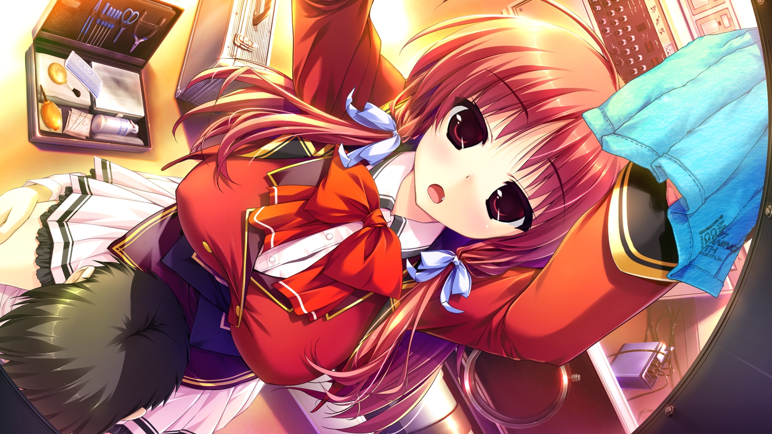 bow, clochette, fang, game_cg, long_hair, prism_recollection, red_eyes, red_hair
