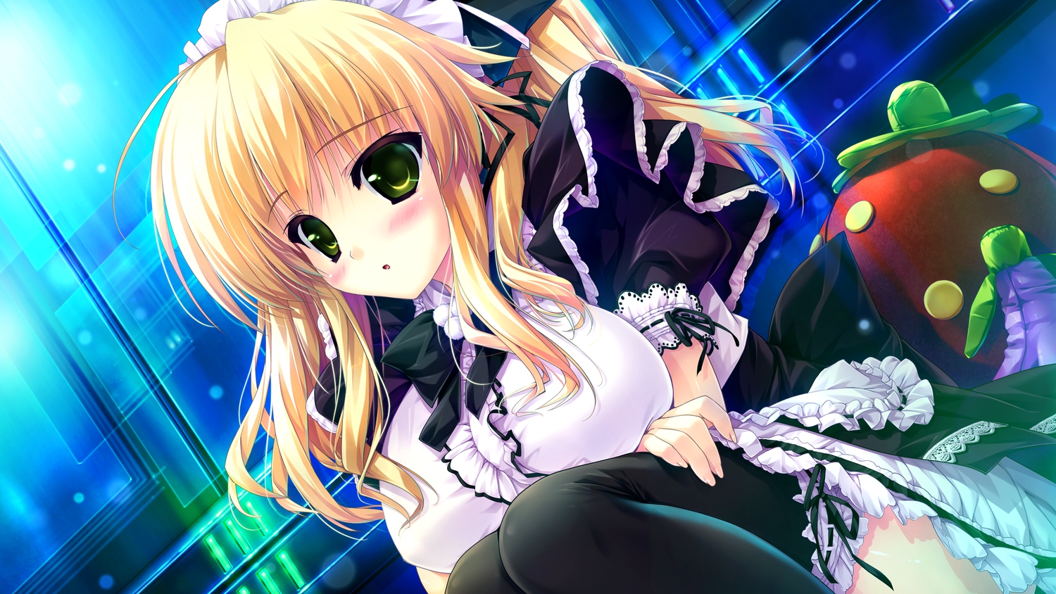 blonde_hair, blush, clochette, game_cg, green_eyes, headdress, lolita_fashion, long_hair