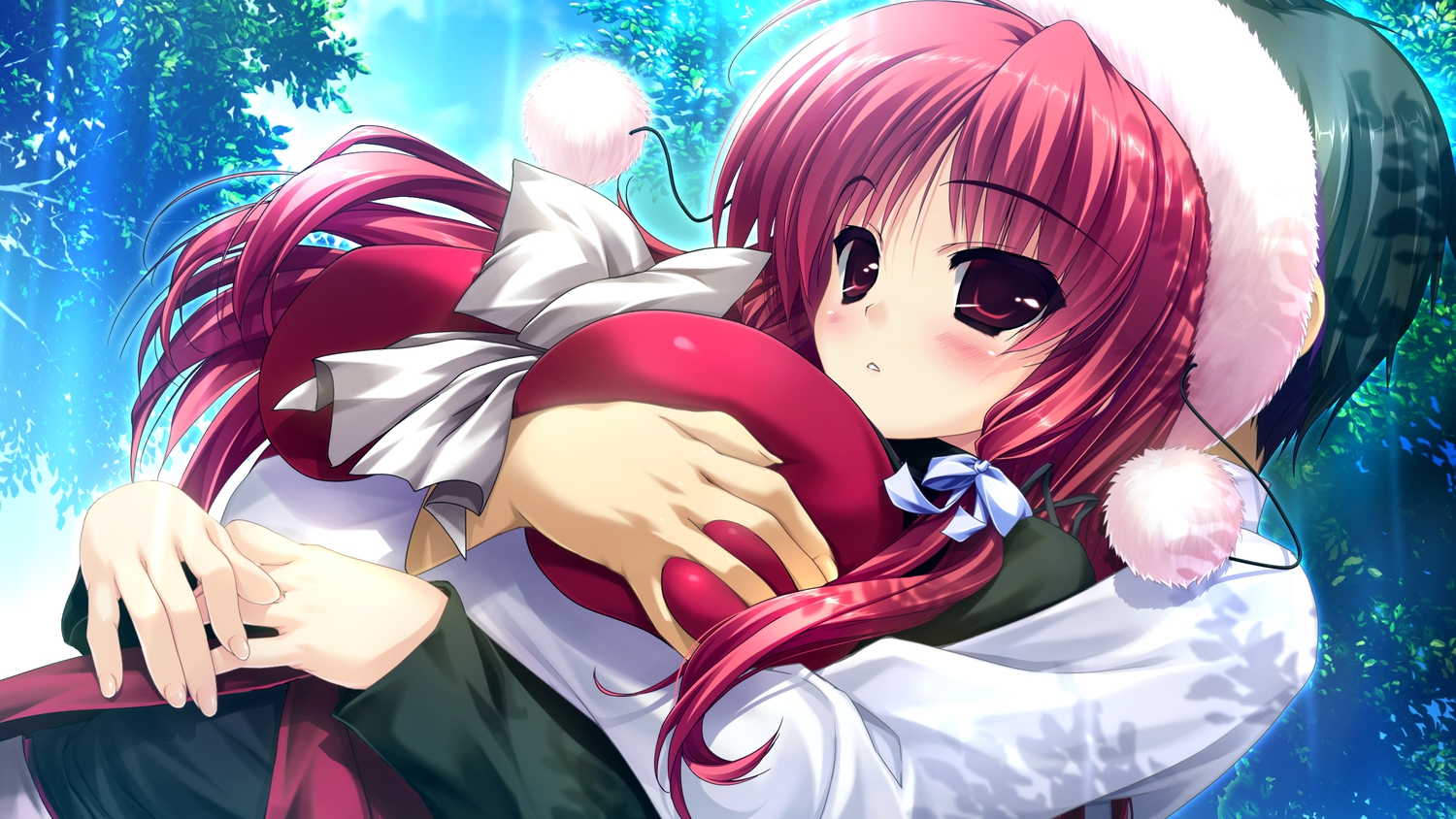 blush, breast_grab, clochette, game_cg, hat, hug, long_hair, prism_recollection