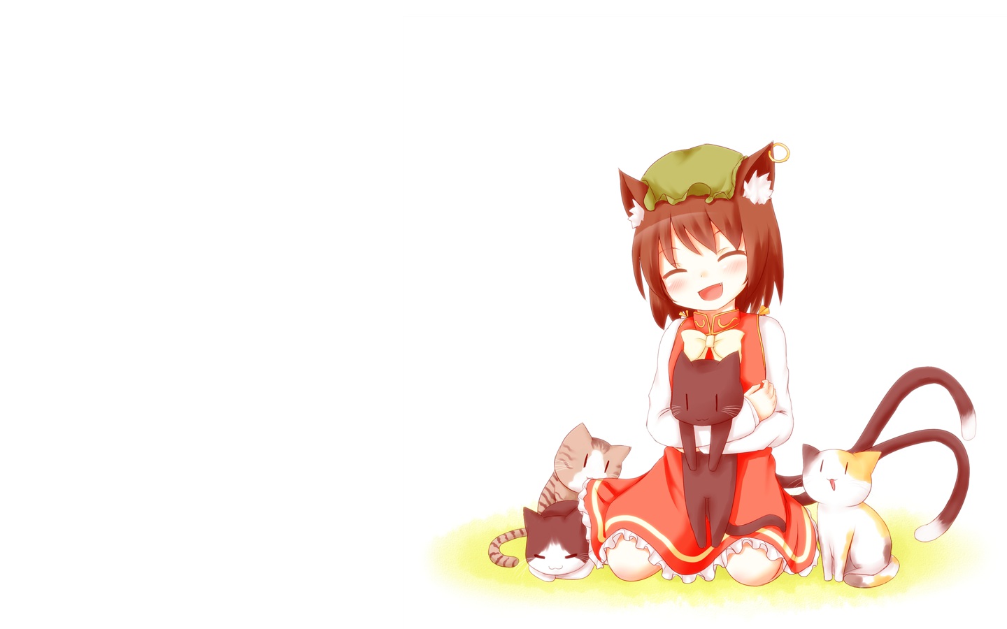animal, animal_ears, bita, blush, bow, brown_hair, cat, catgirl, cat_smile, chen, fang, hat, multiple_tails, short_hair, tail, touhou, white