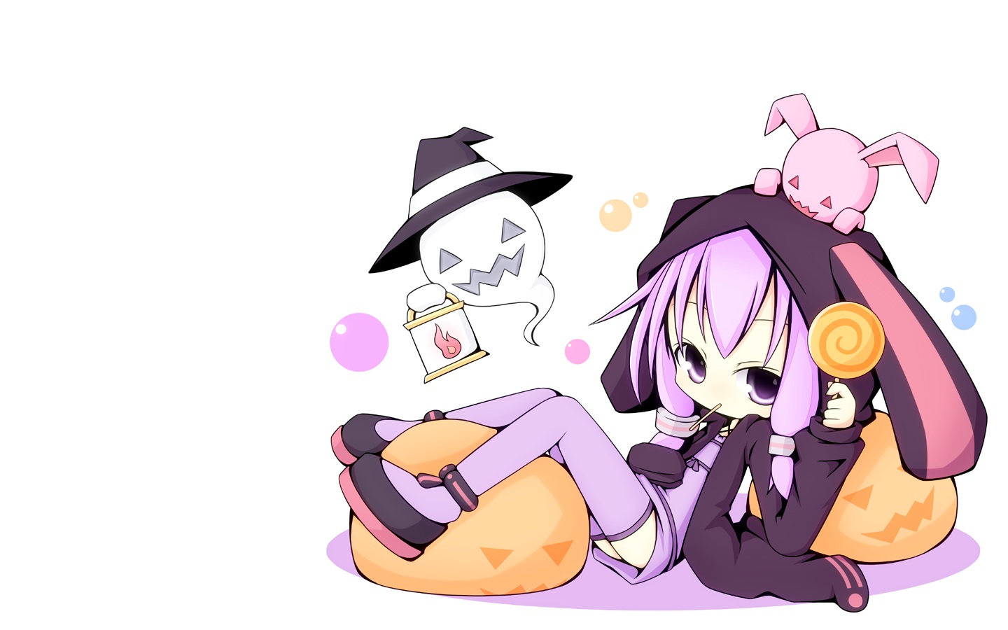 candy, chibi, halloween, hood, lollipop, miiya_(kuroi_hako), purple_eyes, purple_hair