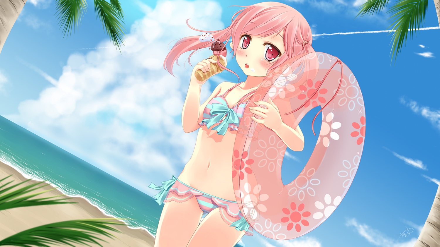 beach, bikini, blush, bow, food, ice_cream, ifnil, loli, navel, original, pink_eyes, pink_hair, ribbons, signed, swim_ring, swimsuit, twintails, water