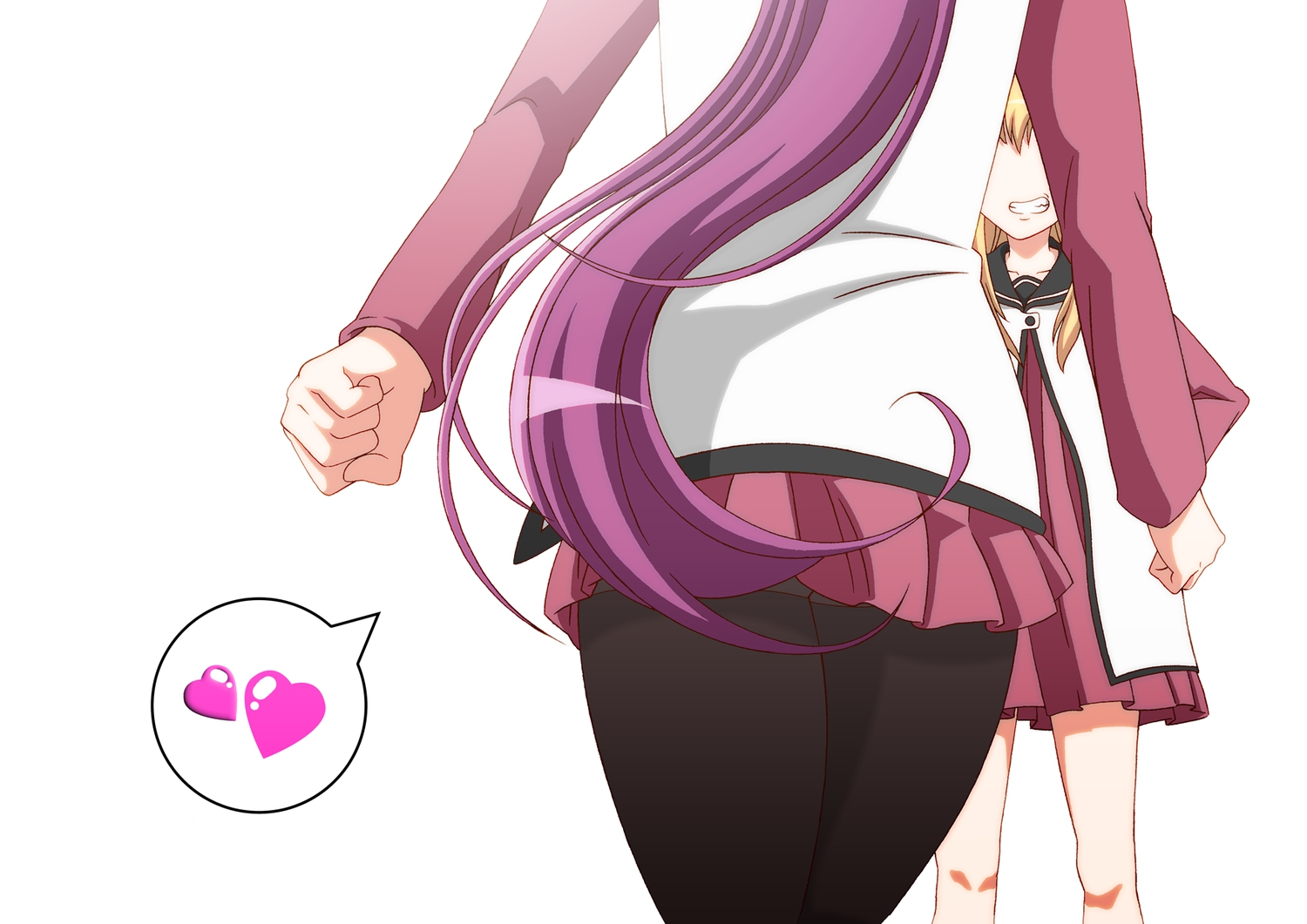 2girls, blonde_hair, heart, long_hair, pantyhose, ponytail, purple_hair, school_uniform
