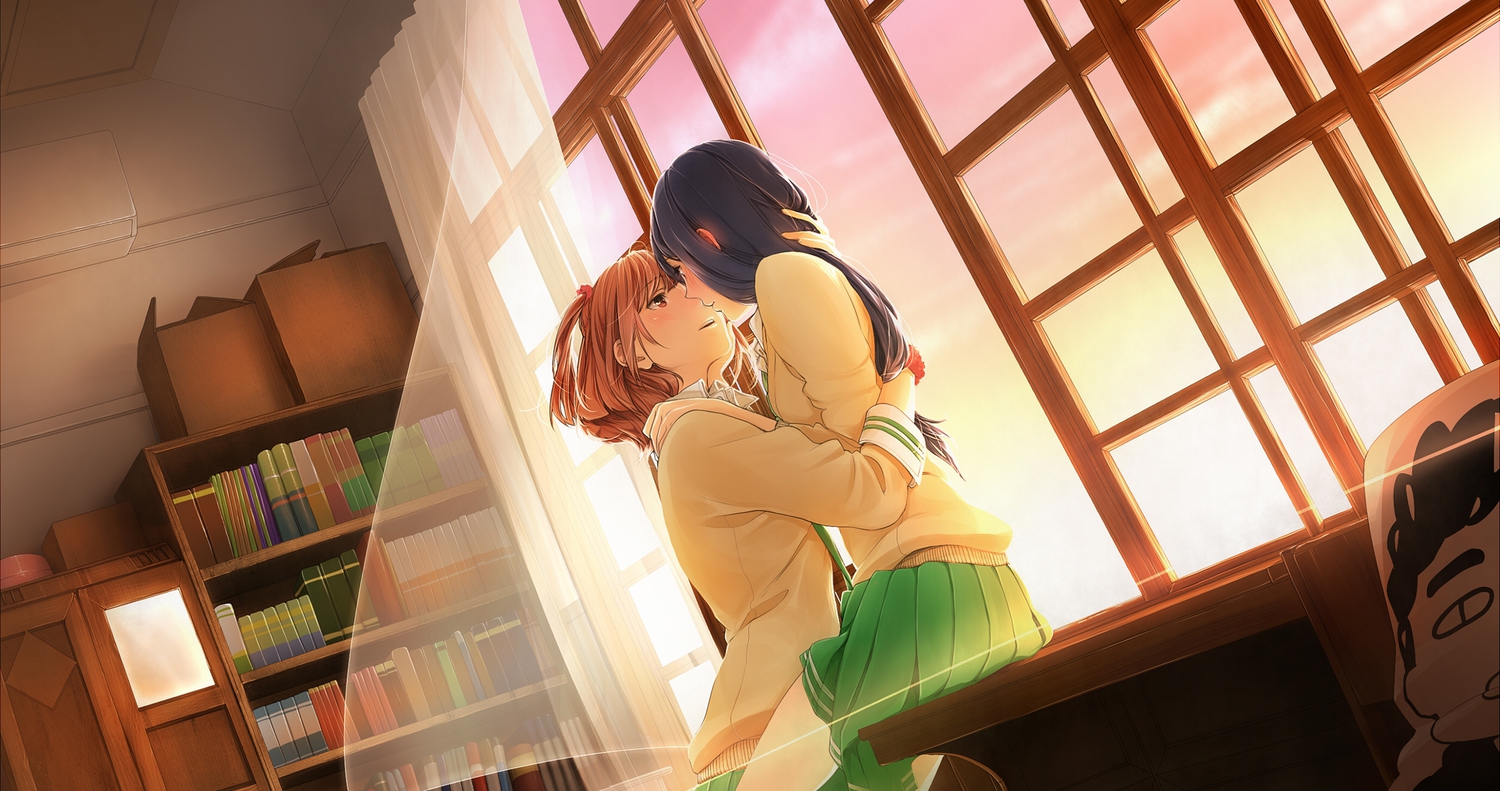 2girls, aconitea, black_hair, book, brown_eyes, brown_hair, hug, kurahashi_riko, long_hair, love_lab, maki_natsuo, school_uniform, short_hair, shoujo_ai, skirt