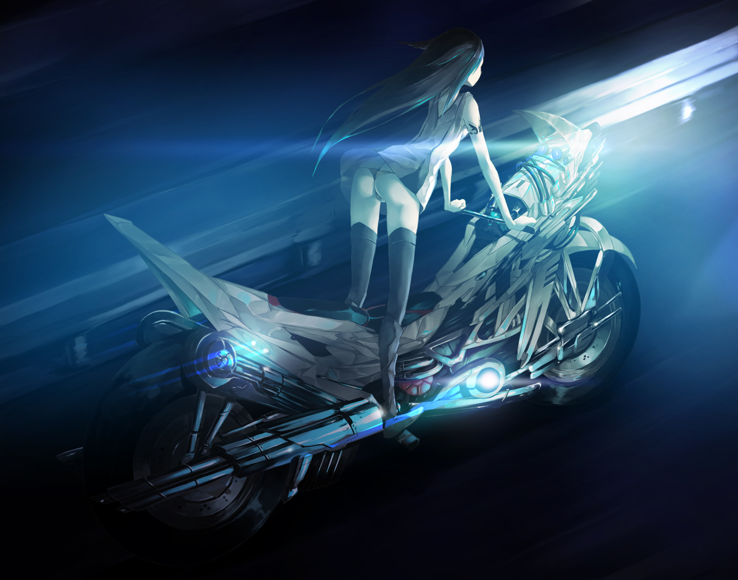 dark, long_hair, motorcycle, original, panties, tattoo, thighhighs, tyappygain