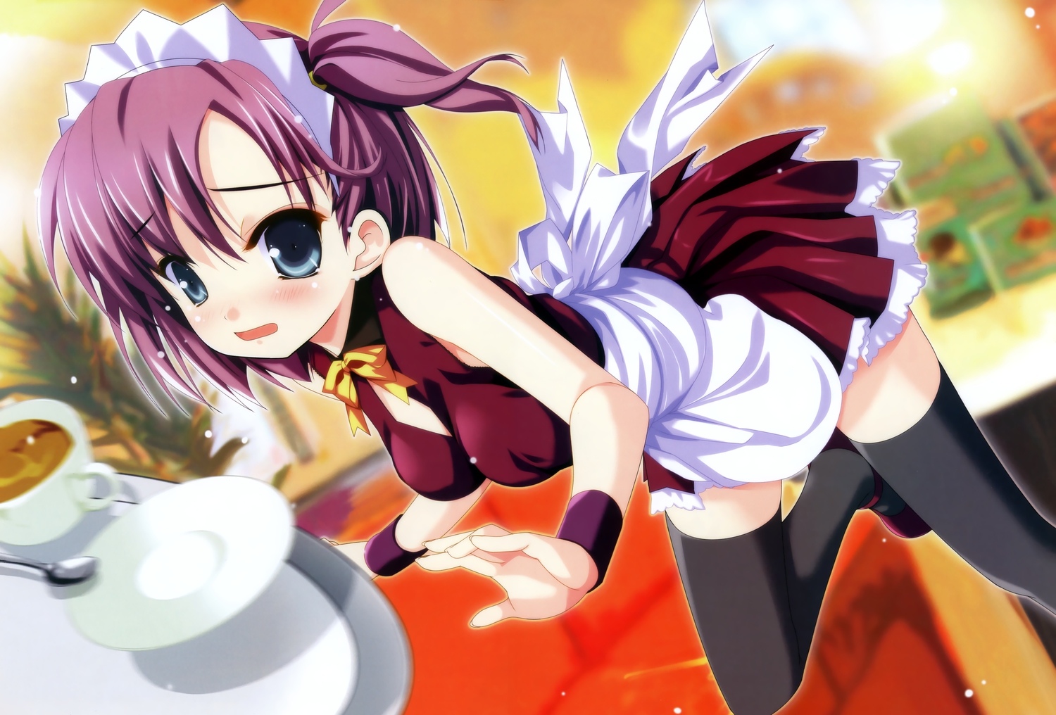 blush, dengeki_moeoh, drink, green_eyes, hagiwara_onsen, headdress, original, purple_hair