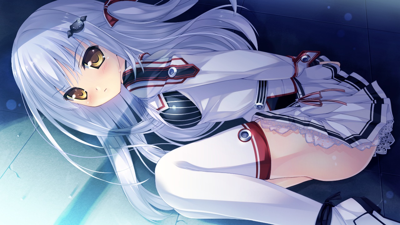 blush, bondage, game_cg, gray_hair, hoshi_no_ne_sanctuary, komatsubara_yomi, long_hair, marmalade, naruse_hirofumi, school_uniform, skirt, thighhighs, yellow_eyes