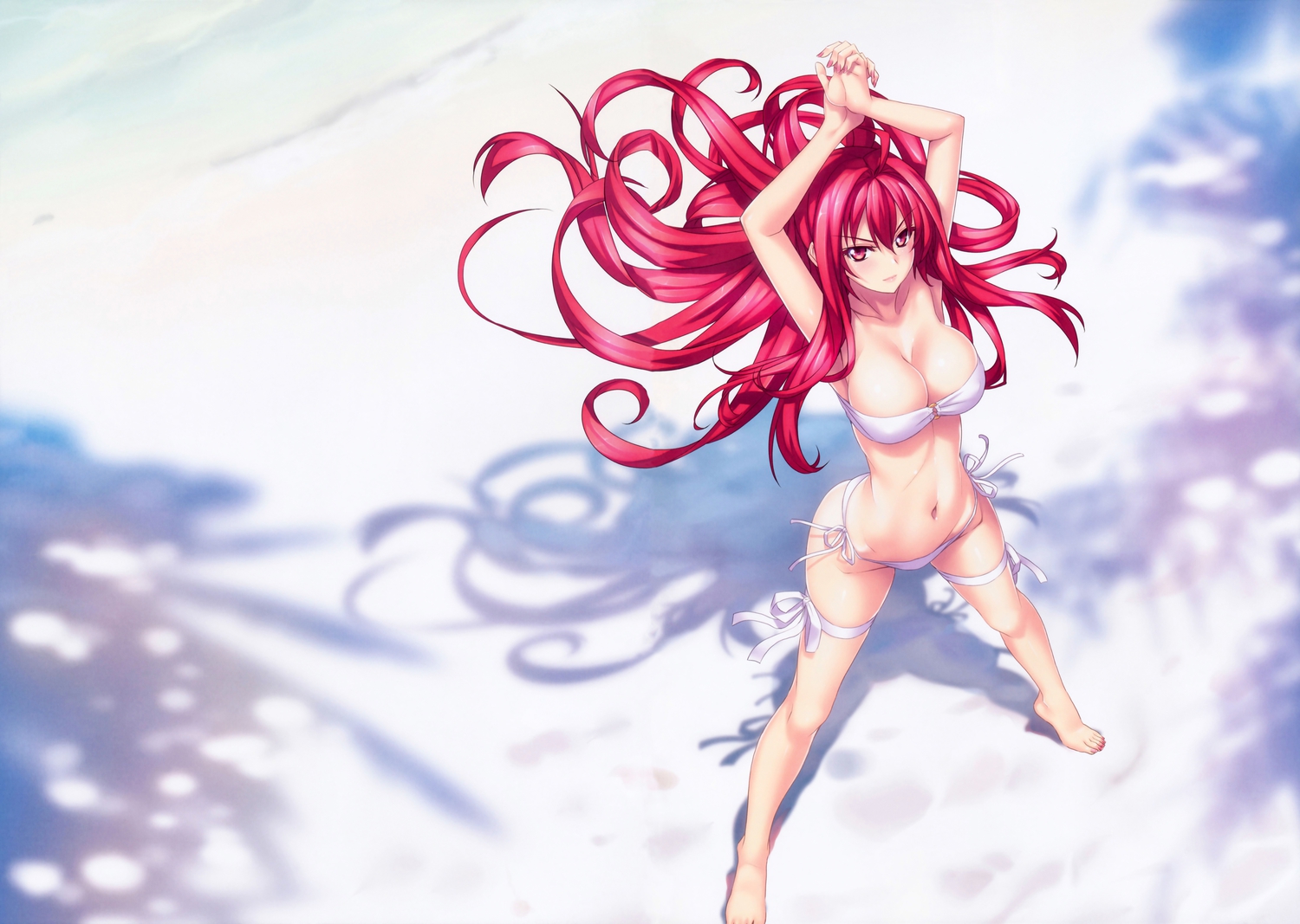 barefoot, beach, bikini, breasts, cleavage, corticarte_apa_lagranges, garter, kannatsuki_noboru, long_hair, navel, pink_eyes, red_hair, ribbons, scan, shinkyoku_soukai_polyphonica, swimsuit