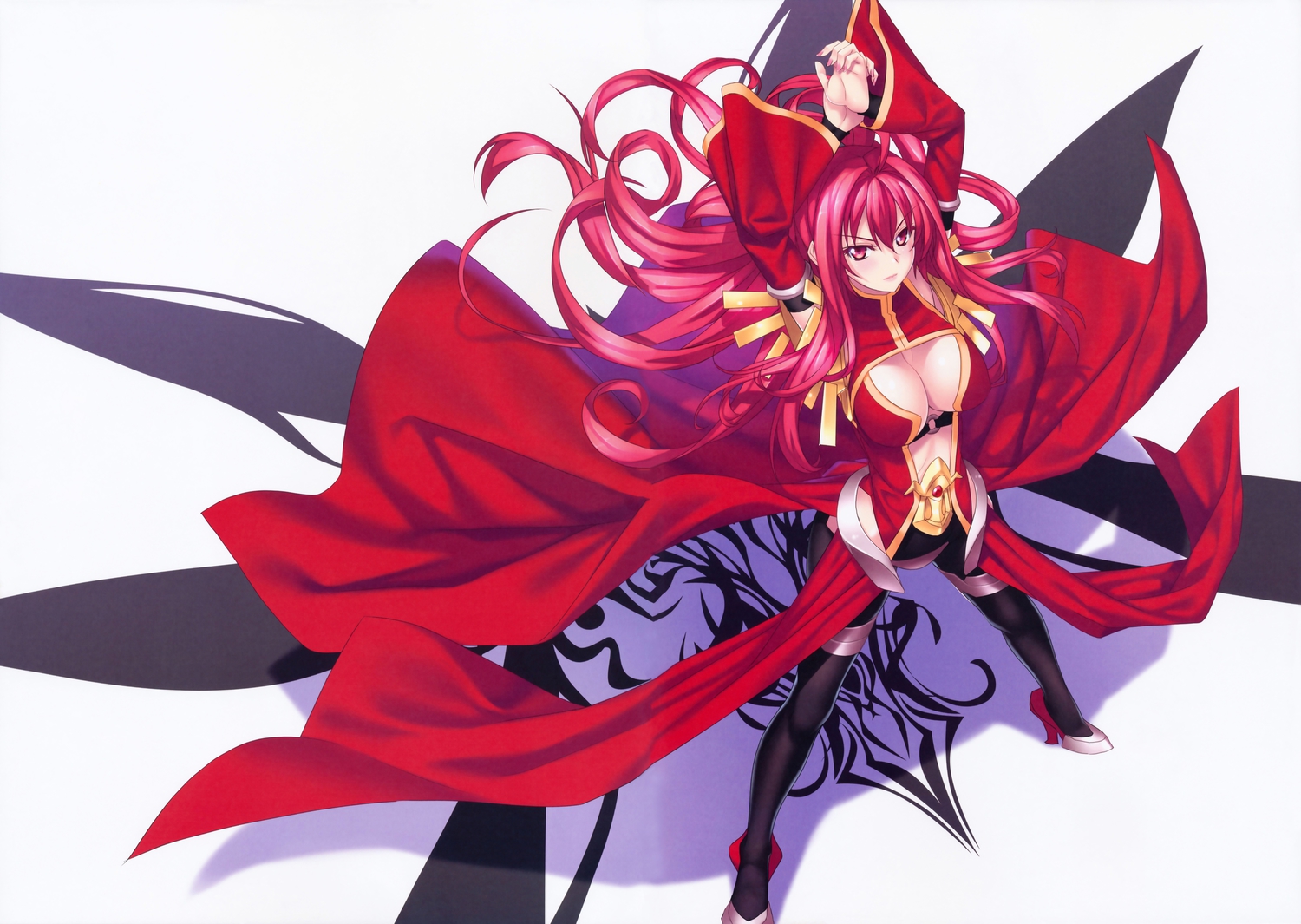 blush, breasts, cleavage, corticarte_apa_lagranges, kannatsuki_noboru, long_hair, pantyhose, pink_eyes, red_hair, scan, shinkyoku_soukai_polyphonica