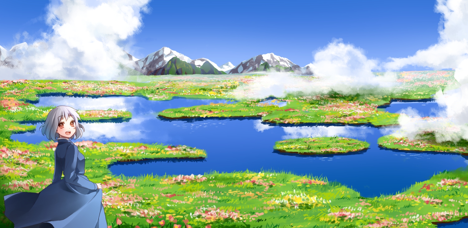 brown_eyes, clouds, dress, flowers, grass, gray_hair, howl's_moving_castle, ichinose_yukino, scenic, short_hair, sky, sophie_hatter, water