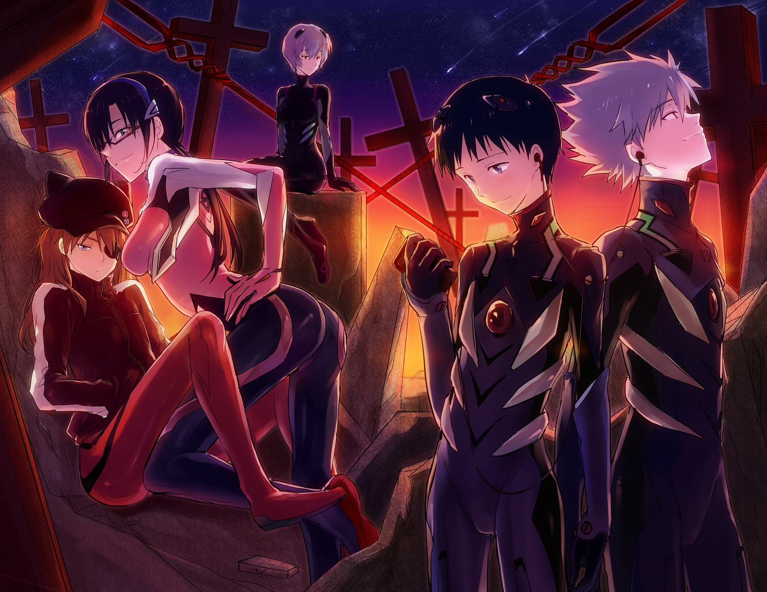ayanami_rei, black_hair, blue_eyes, bodysuit, brown_hair, cross, eyepatch, glasses, gray_hair, hat, headband, headphones, ikari_shinji, kl, long_hair, makinami_mari_illustrious, nagisa_kaworu, neon_genesis_evangelion, purple_eyes, red_eyes, short_hair, skintight, soryu_asuka_langley, stars