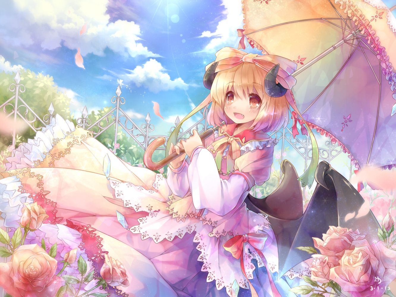 bow, brown_eyes, dress, fang, flowers, horns, ninjinshiru, orange_hair