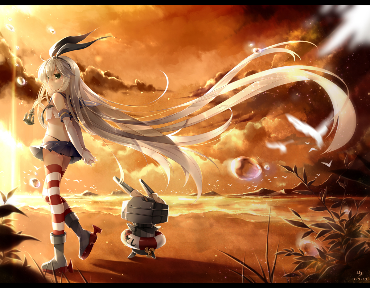 anthropomorphism, beach, blonde_hair, boots, clouds, elbow_gloves, gloves, green_eyes, headband, kantai_collection, long_hair, ninjinshiru, rensouhou-chan, shimakaze_(kancolle), signed, skirt, sunset, thighhighs, water