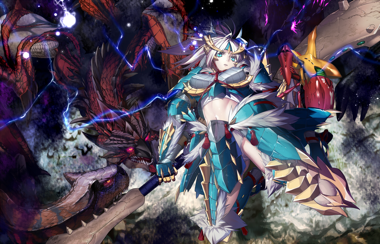 aqua_eyes, armor, dragon, hullabaloo, monster_hunter, navel, sarashi, underwear, weapon, white_hair, zinogre_(armor)