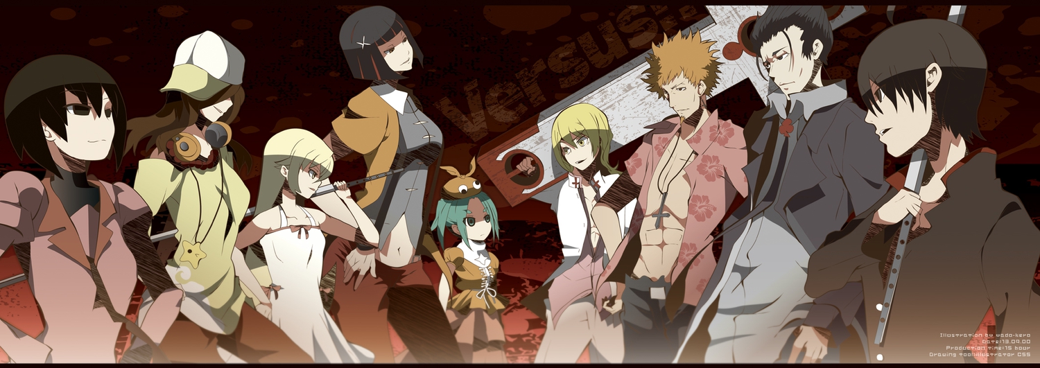 aqua_hair, araragi_koyomi, bakemonogatari, black_eyes, black_hair, blonde_hair, brown_hair, cross