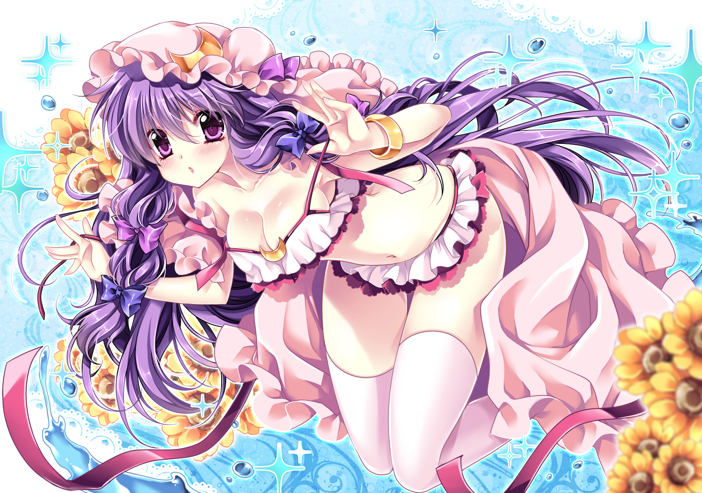 blush, bow, breasts, cleavage, hat, long_hair, navel, patchouli_knowledge