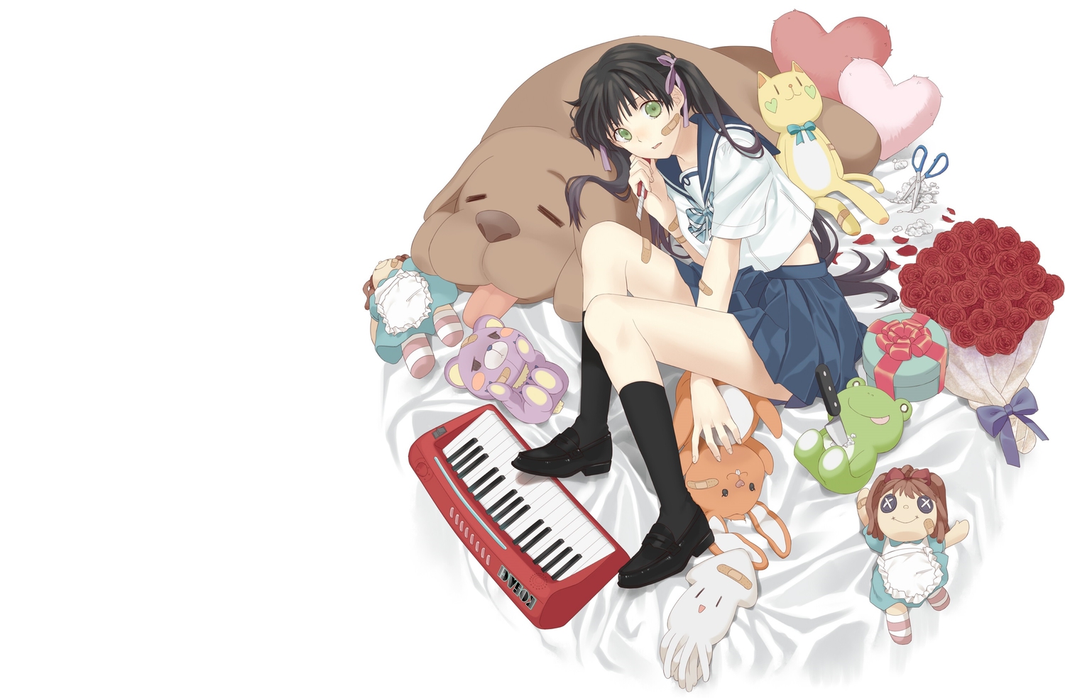 bandaid, black_hair, doll, flowers, green_eyes, instrument, kneehighs, knife