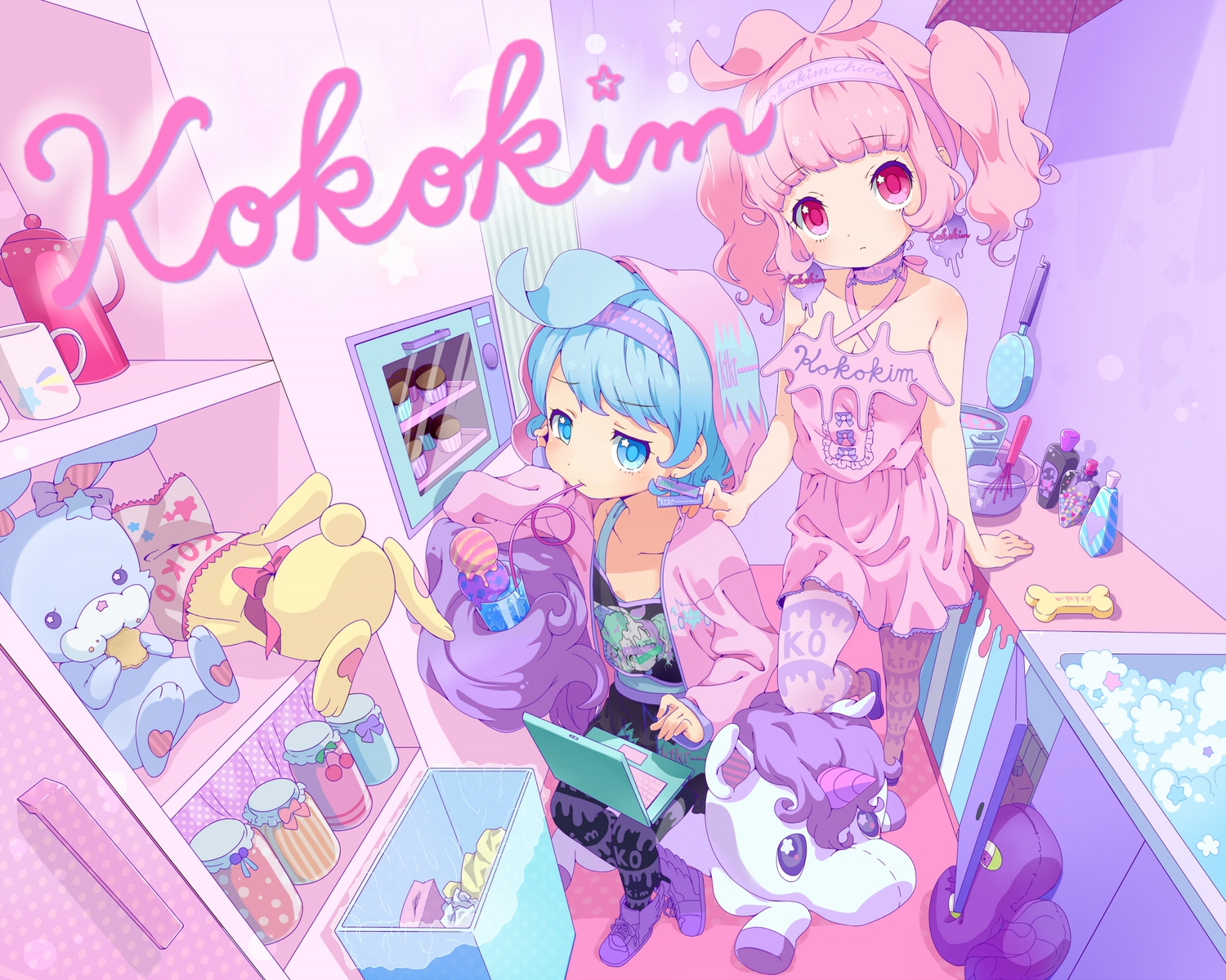 2girls, blue_eyes, blue_hair, bunny, choker, computer, drink, food