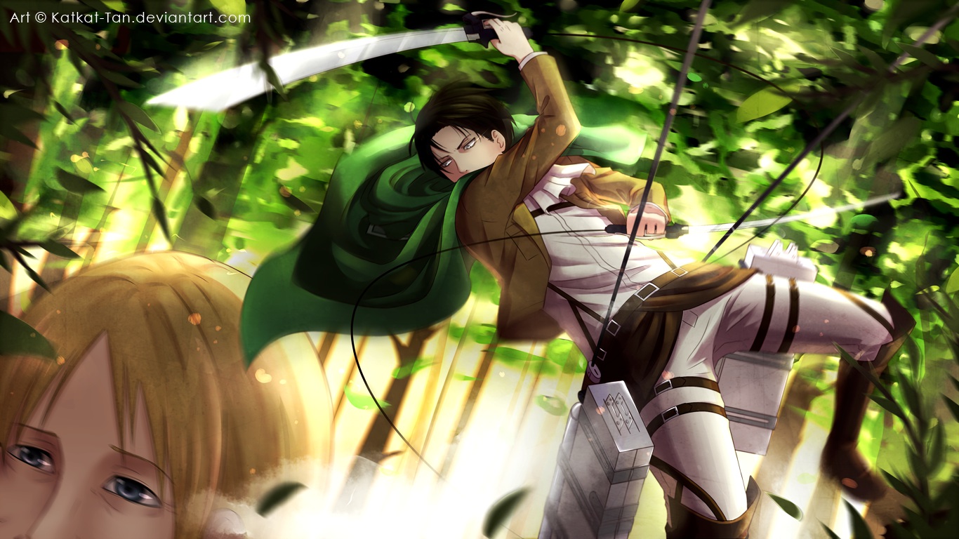 black_hair, blonde_hair, blue_eyes, boots, cape, forest, katkat-tan, levi_ackerman, shingeki_no_kyojin, short_hair, sword, tree, uniform, watermark, weapon